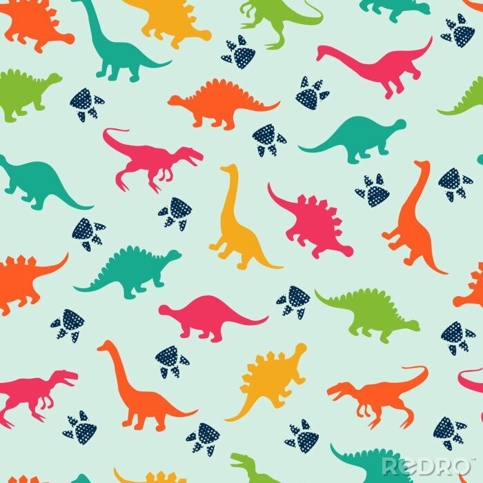 Papier peint à motif  Dinosaures et empreintes de pieds en couleurs