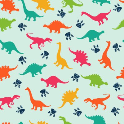 Papier peint à motif  Dinosaures et empreintes de pieds en couleurs