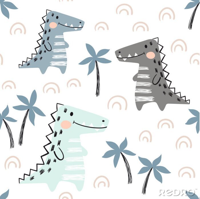 Papier peint à motif  Dinosaures et palmiers pour enfants de style scandinave