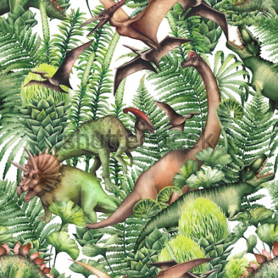 Papier peint à motif  Dinosaures et végétation