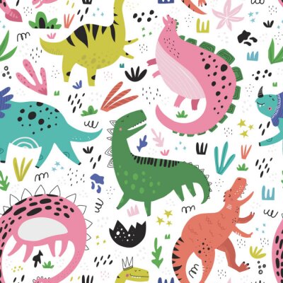 Papier peint à motif  Dinosaures mignons main modèle sans couture couleur vecteur dessiné