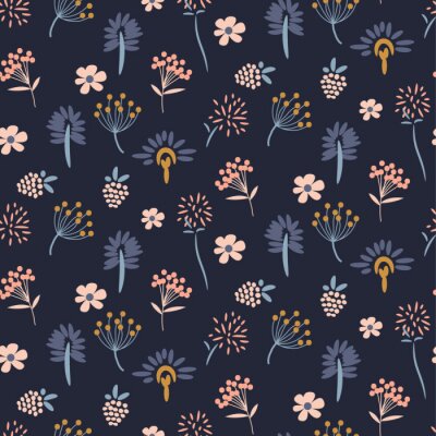 Papier peint à motif  Diverses fleurs sur fond bleu foncé graphique