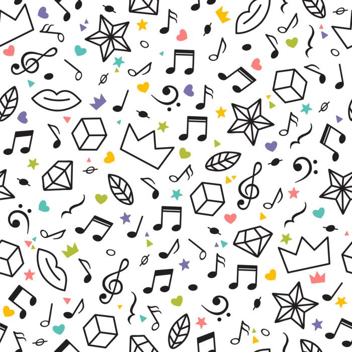 Papier peint à motif  Doodle modèle sans couture avec des notes de musique, des coeurs, des étoiles et d'autres éléments géométriques. Thème musical Fond de dessinés à la main moderne