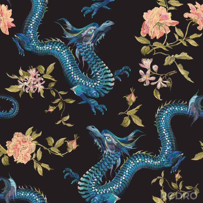 Papier peint à motif  Dragons bleus et fleurs de style oriental