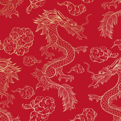 Papier peint à motif  Dragons chinois orientaux volants sur fond rouge