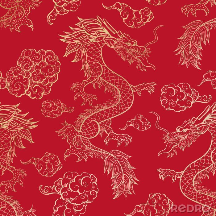 Papier peint à motif  Dragons chinois orientaux volants sur fond rouge