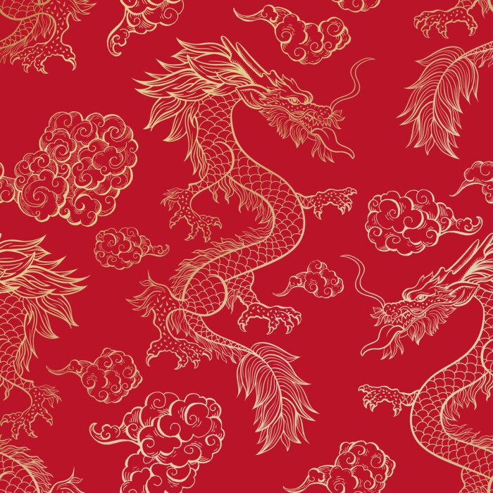 Papier peint à motif  Dragons chinois orientaux volants sur fond rouge