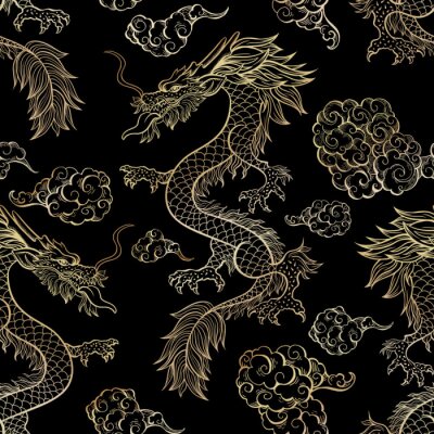 Papier peint à motif  Dragons volants Orientale sur fond noir