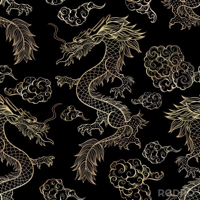 Papier peint à motif  Dragons volants Orientale sur fond noir