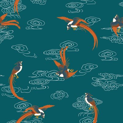 Papier peint à motif  Eau turquoise et oiseaux oranges