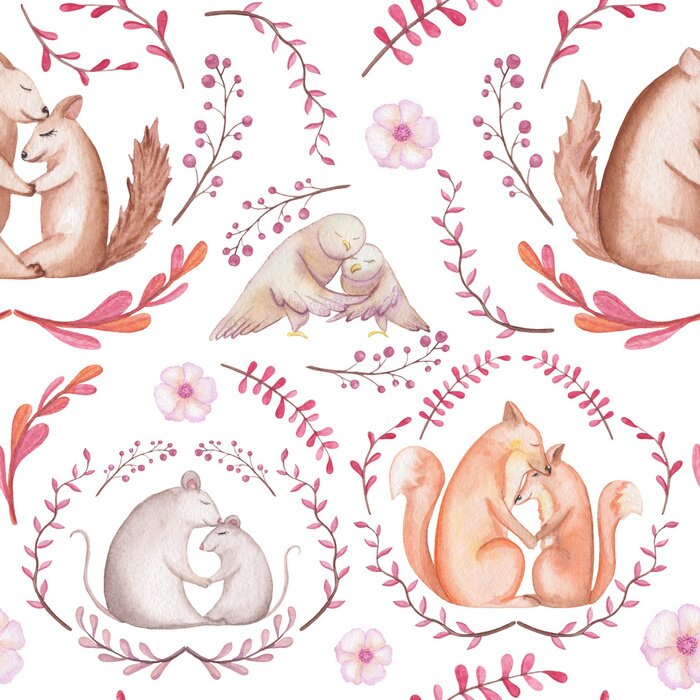 Papier peint à motif  écureuils renards souris et hibou