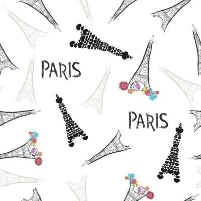 Papier peint à motif  Eiffel tower hand drawn colorful flowers, Paris text pattern