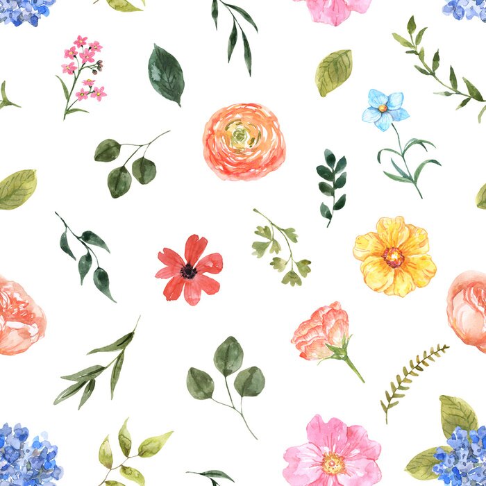 Papier peint à motif  Éléments de fleurs et de feuilles sur fond blanc