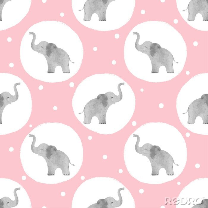 Papier peint à motif  Éléphants à pois sur fond rose