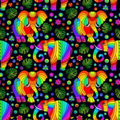 Papier peint à motif  Éléphants arc-en-ciel sur fond noir dans les feuilles