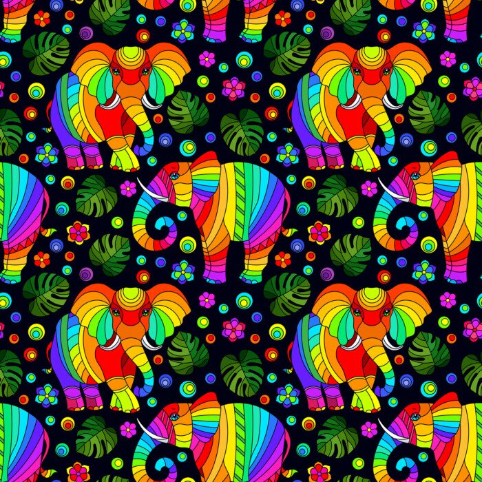 Papier peint à motif  Éléphants arc-en-ciel sur fond noir dans les feuilles