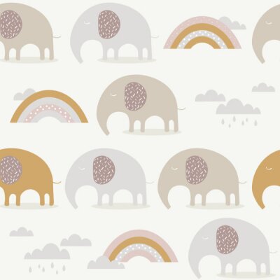 Papier peint à motif  Éléphants beiges de style scandinave