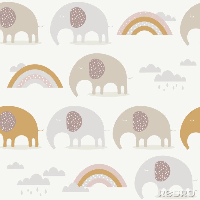 Papier peint à motif  Éléphants beiges de style scandinave