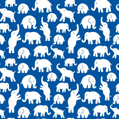 Papier peint à motif  Éléphants blancs sur fond bleu