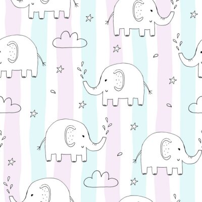 Papier peint à motif  Éléphants blancs sur fond rayé