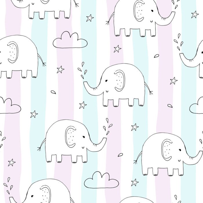 Papier peint à motif  Éléphants blancs sur fond rayé