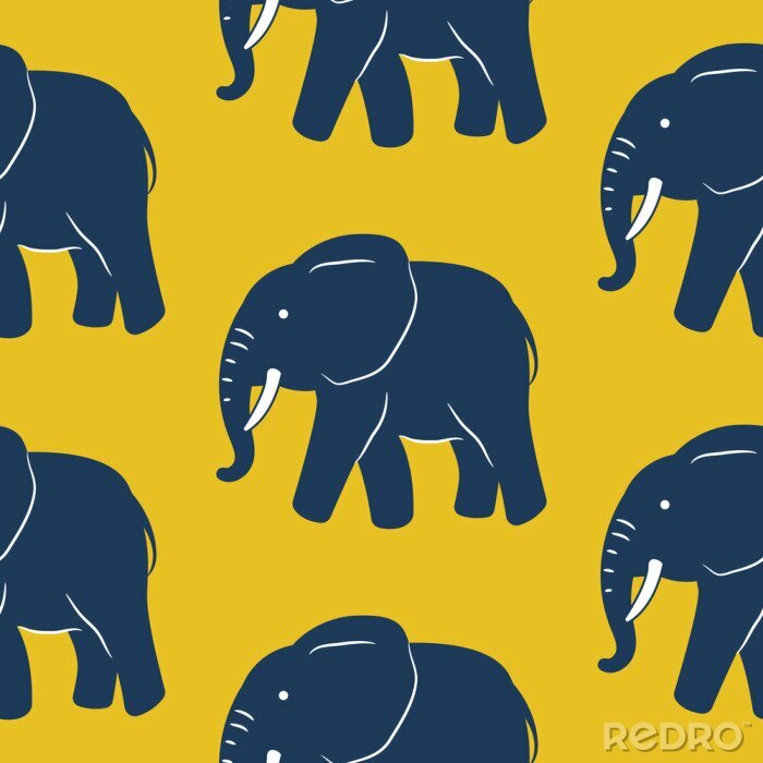 Papier peint à motif  Éléphants bleu marine sur fond jaune