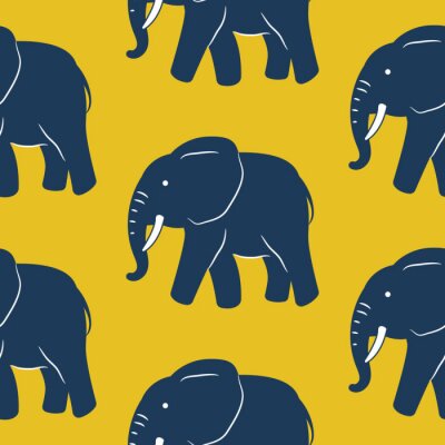 Papier peint à motif  Éléphants bleu marine sur fond jaune