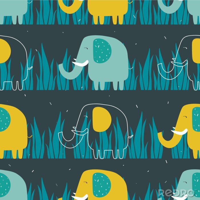 Papier peint à motif  Éléphants bleus et jaunes sur le fond