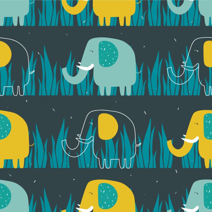 Papier peint à motif  Éléphants bleus et jaunes sur le fond