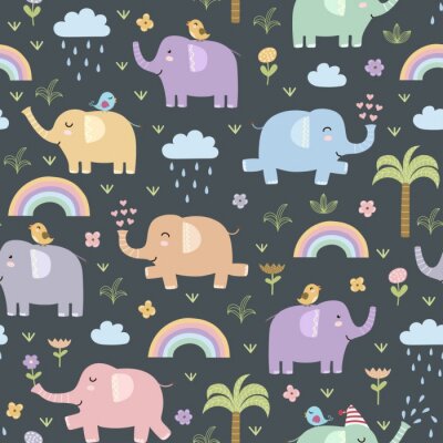Éléphants colorés, fleurs, arcs-en-ciel et nuages
