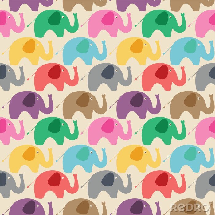 Papier peint à motif  Éléphants colorés sur fond beige