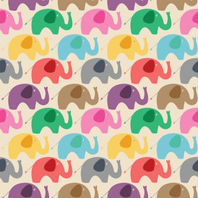 Papier peint à motif  Éléphants colorés sur fond beige