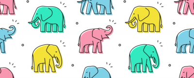 Papier peint à motif  Éléphants colorés sur fond blanc