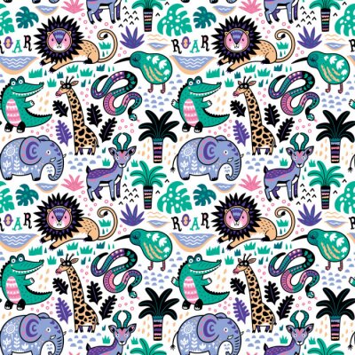 Papier peint à motif  Éléphants crocodiles girafes et palmiers