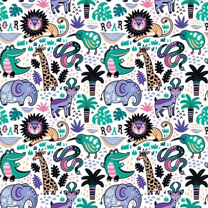 Papier peint à motif  Éléphants crocodiles girafes et palmiers