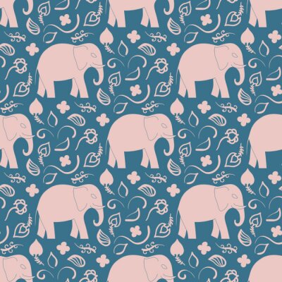 Papier peint à motif  Éléphants et feuilles beiges sur fond bleu