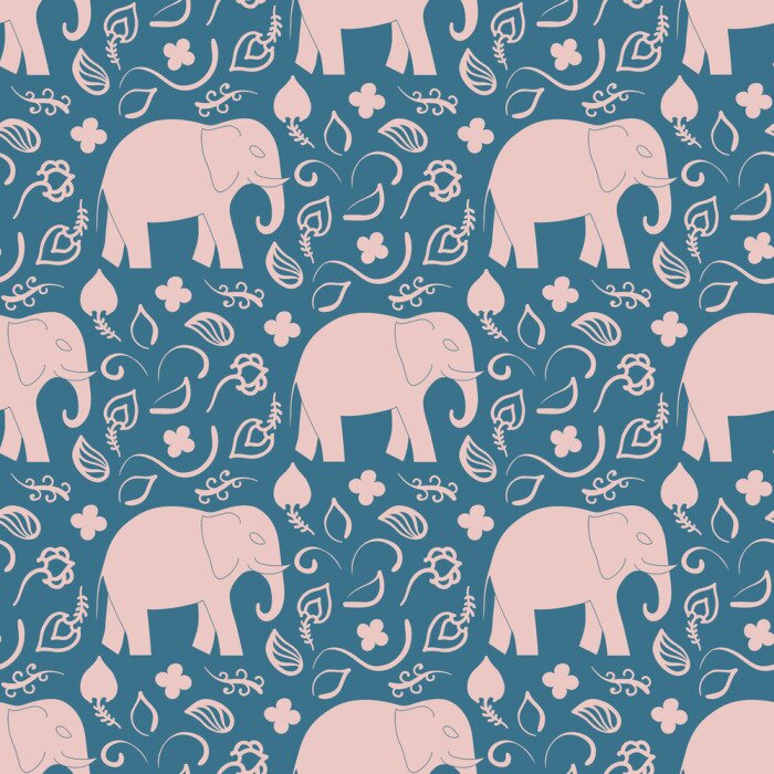 Papier peint à motif  Éléphants et feuilles beiges sur fond bleu