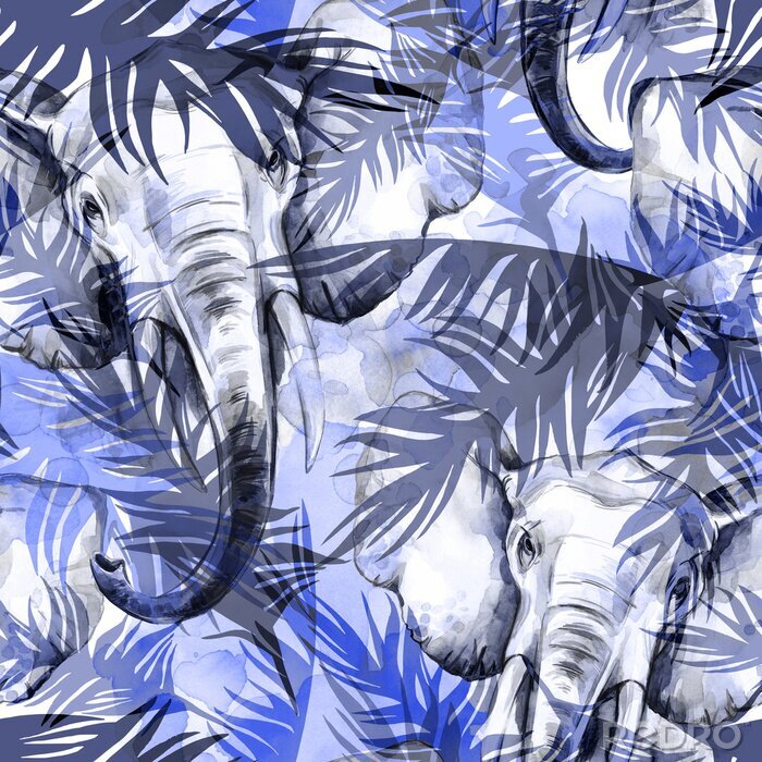 Papier peint à motif  Éléphants et feuilles tropicales