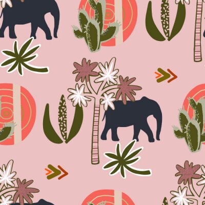 Papier peint à motif  Éléphants et plantes sur fond rose