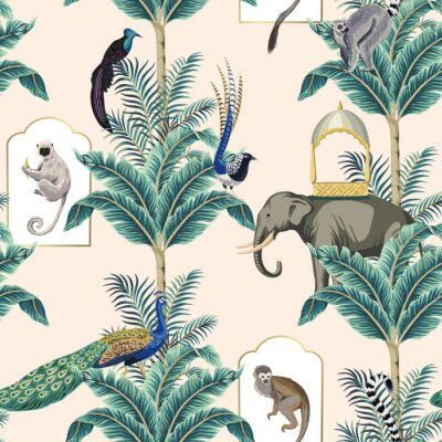 Papier peint à motif  Éléphants exotiques singes et plantes