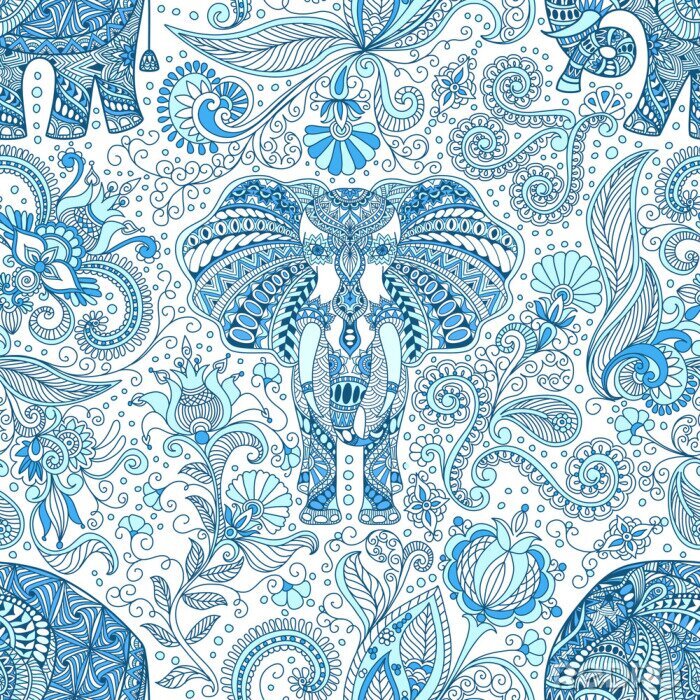 Papier peint à motif  Éléphants géométriques bleus