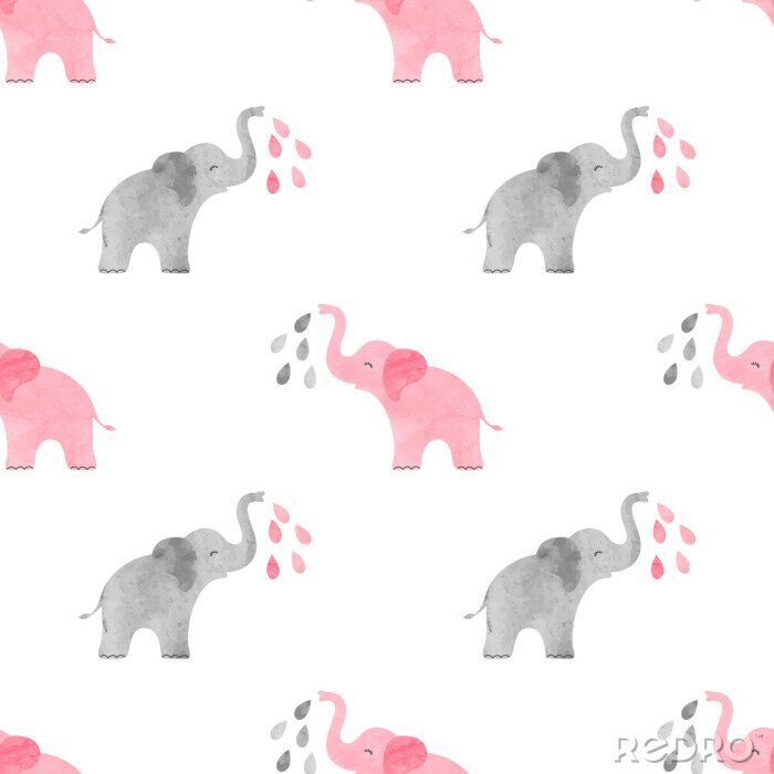 Papier peint à motif  Éléphants gris rose version aquarelle