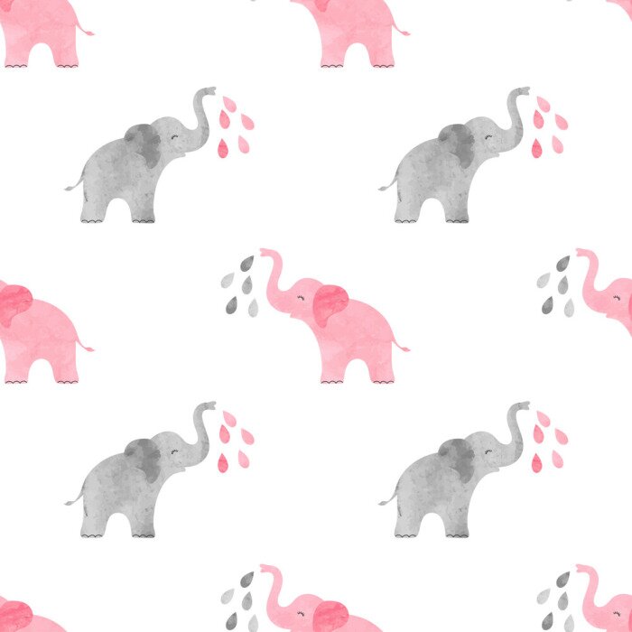 Papier peint à motif  Éléphants gris rose version aquarelle