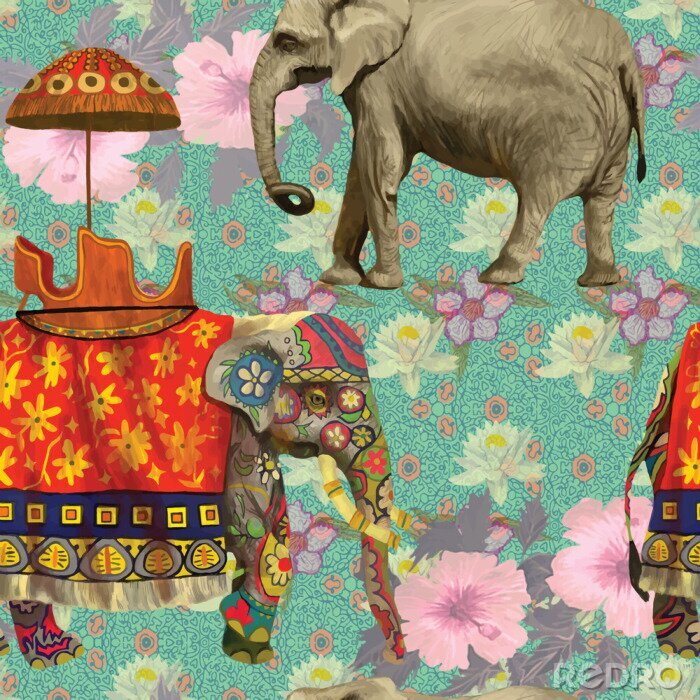 Papier peint à motif  Éléphants habillés d'Inde sur un fond floral