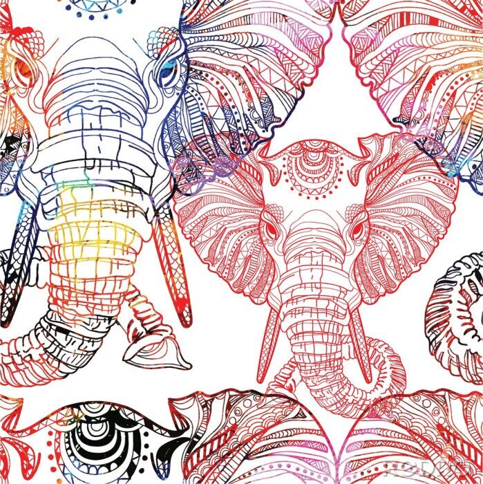 Papier peint à motif  Éléphants indiens colorés