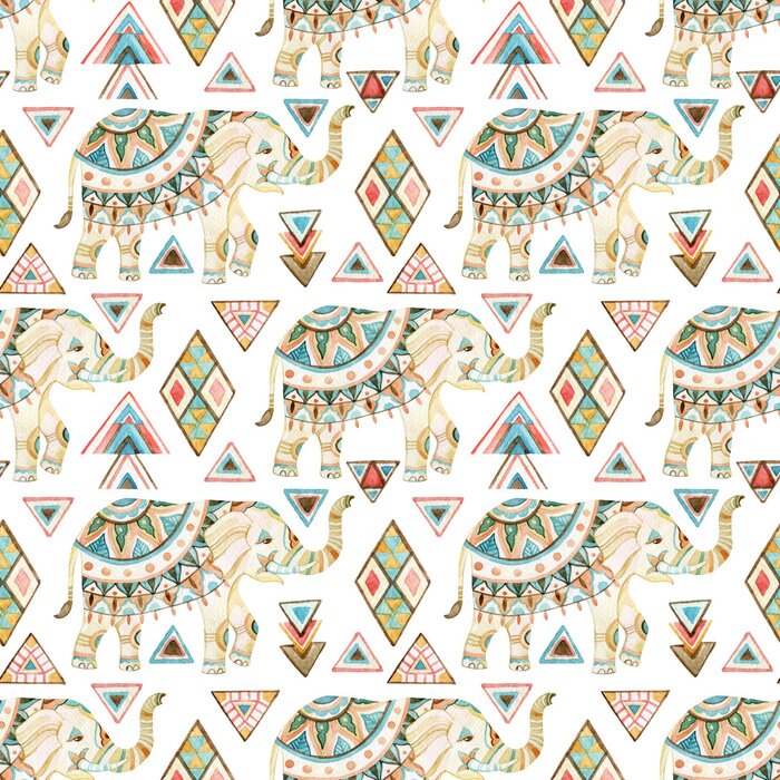 Papier peint à motif  Éléphants indiens et motifs traditionnels