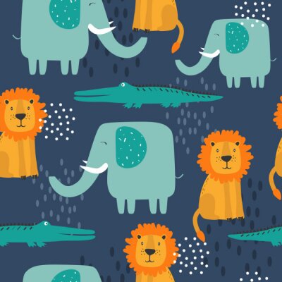 Papier peint à motif  Éléphants lions et crocodiles pour un garçon