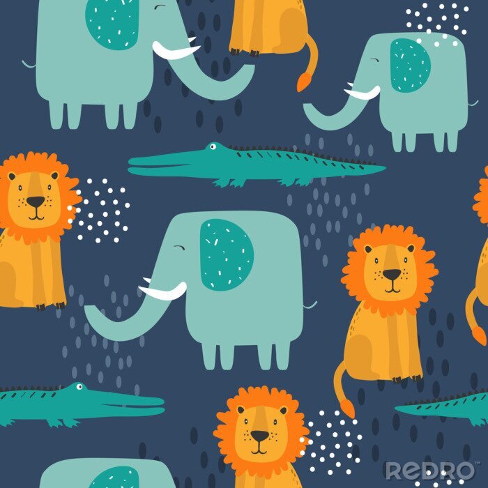Papier peint à motif  Éléphants lions et crocodiles pour un garçon
