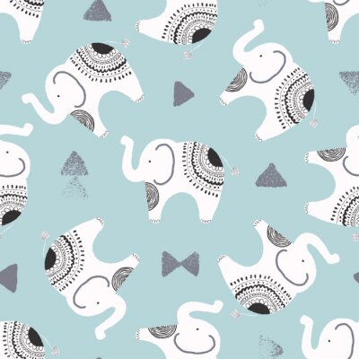 Papier peint à motif  Éléphants noirs et blancs sur fond bleu