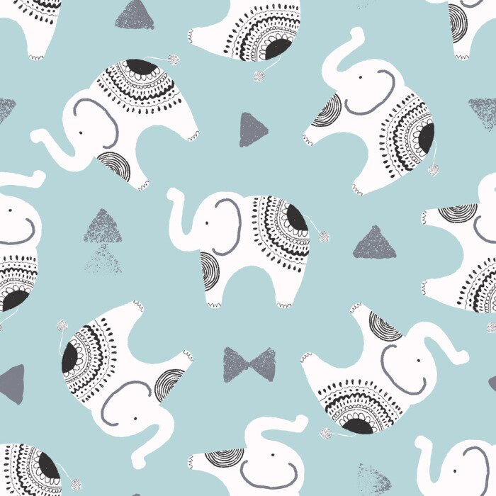 Papier peint à motif  Éléphants noirs et blancs sur fond bleu